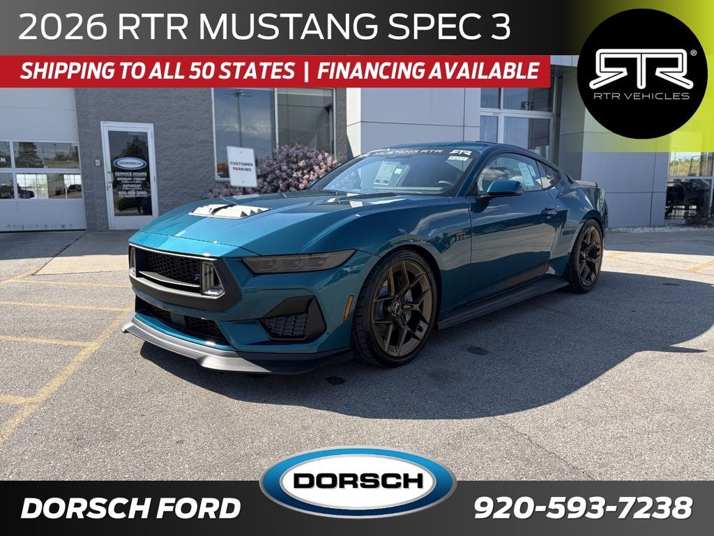 2026 Ford Mustang RTR Spec 3 in Adriatic Blue Metallic — front three-quarter view