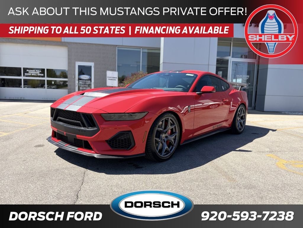 2026 Ford Mustang Shelby GT350 in Race Red — front three-quarter view