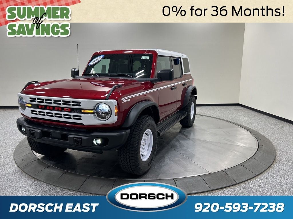 2026 Ford Bronco Heritage Edition in Ruby Red Metallic Tinted Clearcoat — front three-quarter view