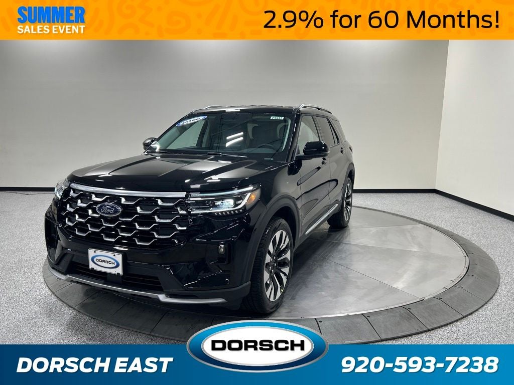 2026 Ford Explorer Platinum in Agate Black Metallic — front three-quarter view