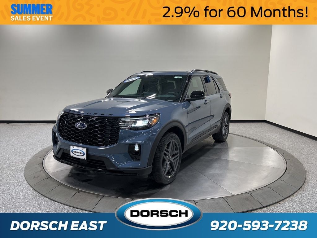 2026 Ford Explorer ST-Line in Vapor Blue Metallic — front three-quarter view