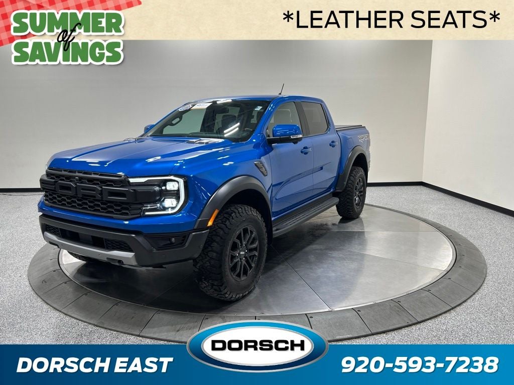 2024 Ford Ranger Raptor in Velocity Blue Metallic — front three-quarter view