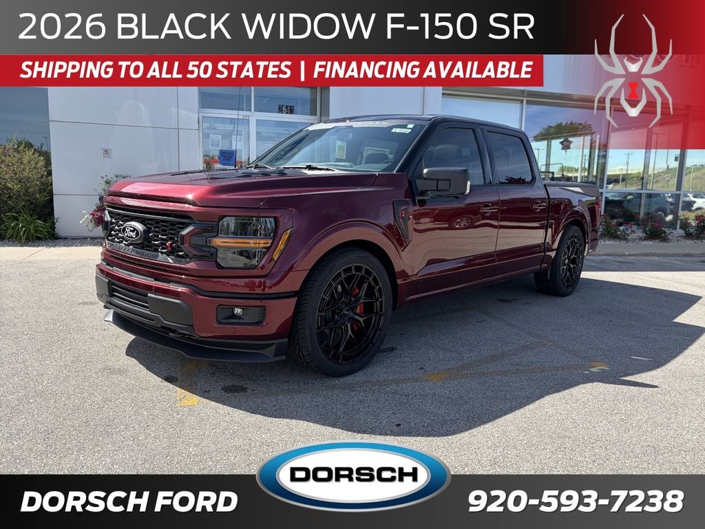 2026 Ford F-150 Black Widow SR in Delmonico Red — front three-quarter view