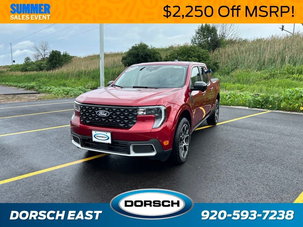 2026 Ford Maverick Lariat in Ruby Red Metallic Tinted Clearcoat — front three-quarter view