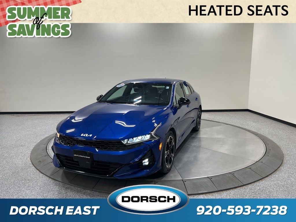 2023 Kia K5 GT-Line in Sapphire Blue — front three-quarter view