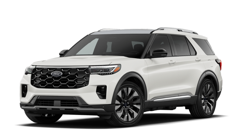 2026 Ford Explorer Platinum in Star White Metallic Tri-Coat — front three-quarter view